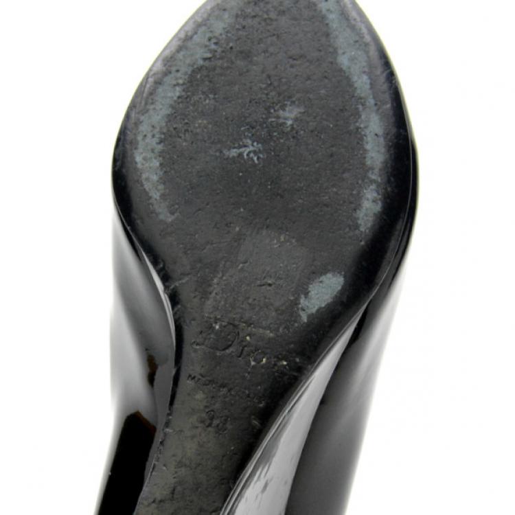 Pre Owned Christian Dior Black Patent Peep Toe Wedge Pumps Size 38