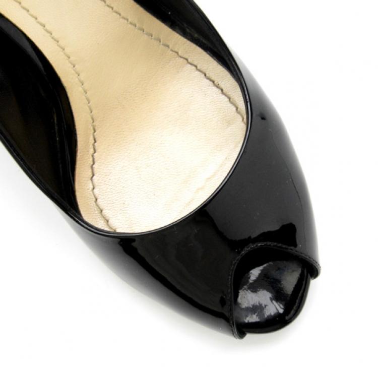 Pre Owned Christian Dior Black Patent Peep Toe Wedge Pumps Size 38