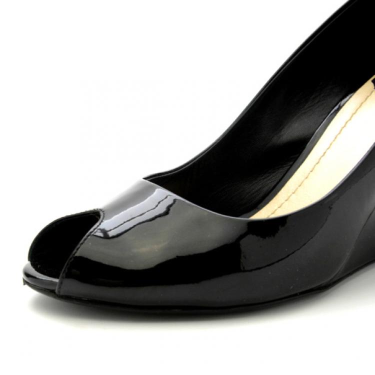 Pre Owned Christian Dior Black Patent Peep Toe Wedge Pumps Size 38