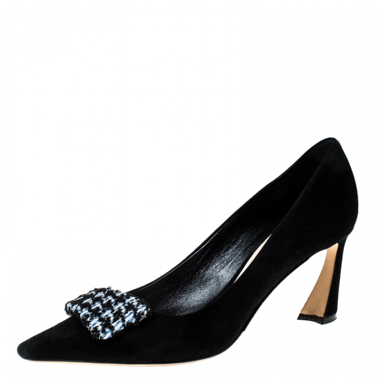 Pre Owned Dior Black Suede Houndstooth Buckle Pointed Toe Pumps Size 37.5