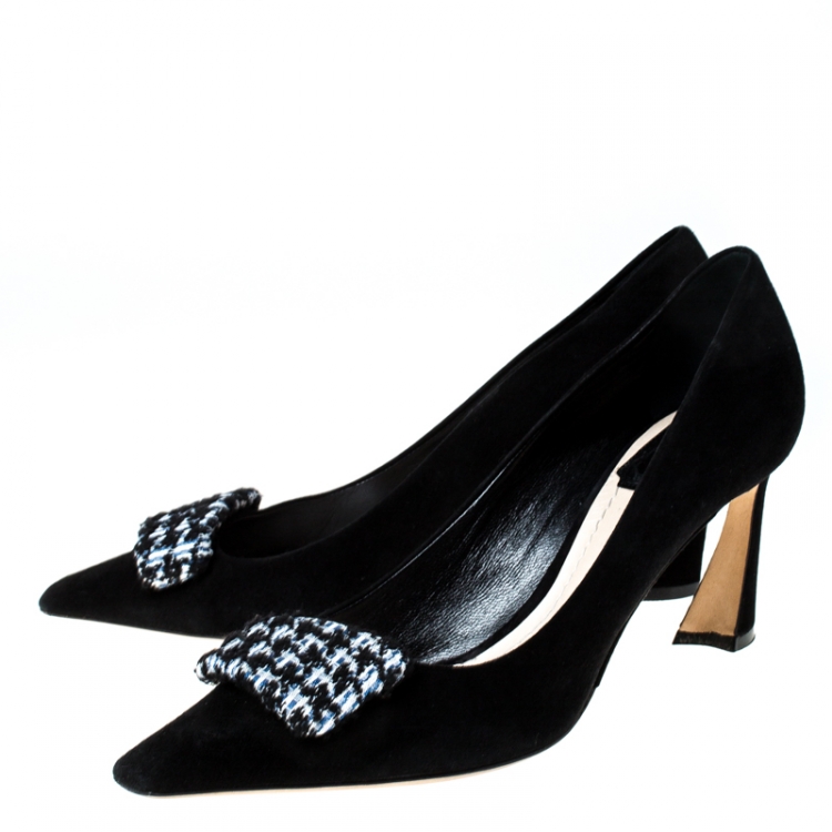 Pre Owned Dior Black Suede Houndstooth Buckle Pointed Toe Pumps Size 37.5