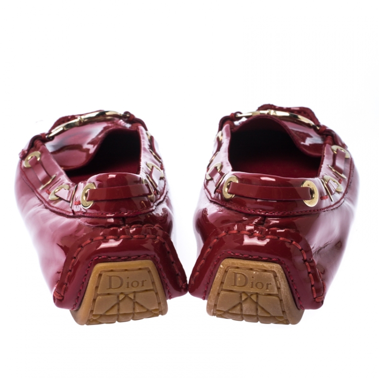 Pre Owned Dior Red Patent Leather CD Logo Slip On Loafers Size 37.5