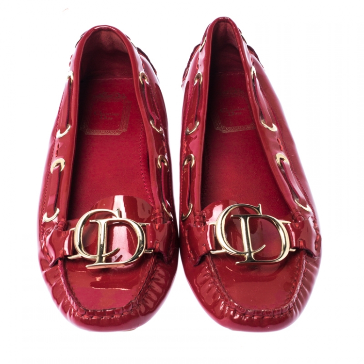Pre Owned Dior Red Patent Leather CD Logo Slip On Loafers Size 37.5