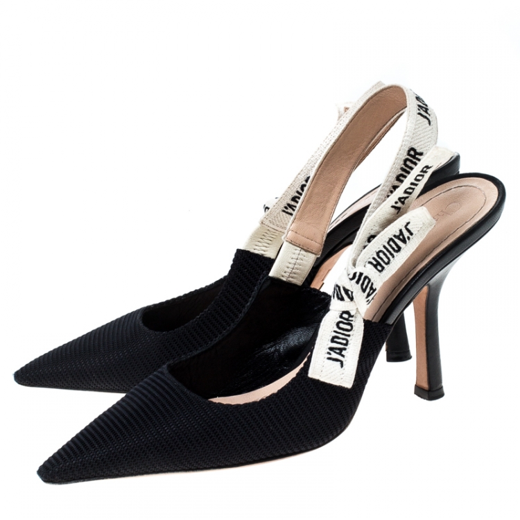Pre Owned Dior Black Canvas J'adior Ribbon Pointed Toe Slingback Sandals Size 37