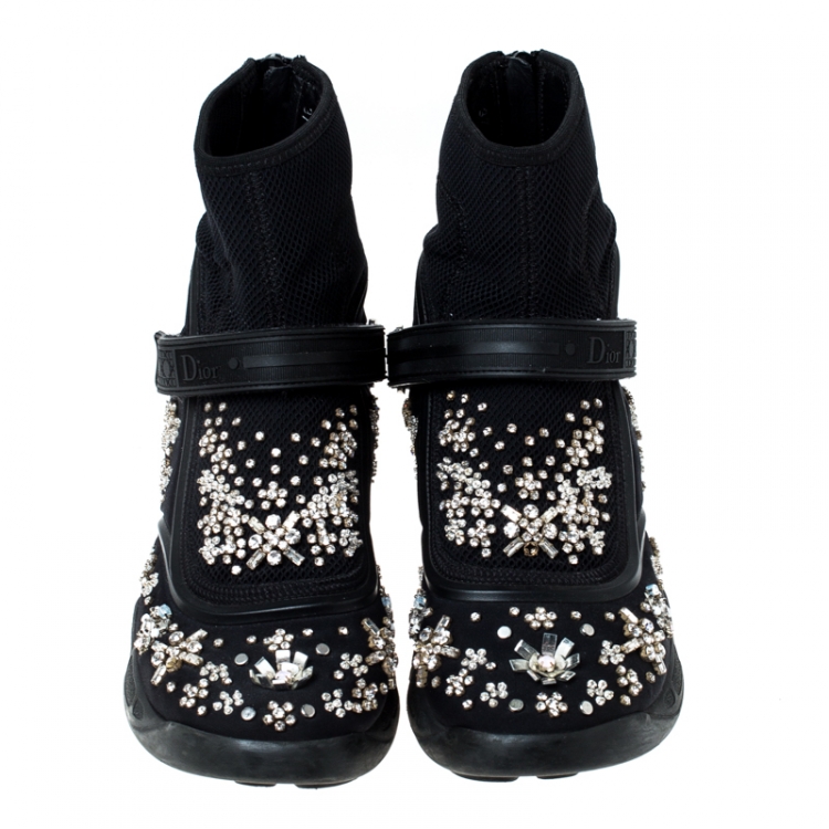 Pre Owned Dior Black Embellished Fabric Techno Fusion High Top Sneakers Size 37
