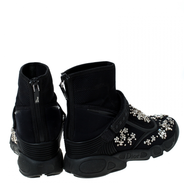 Pre Owned Dior Black Embellished Fabric Techno Fusion High Top Sneakers Size 37