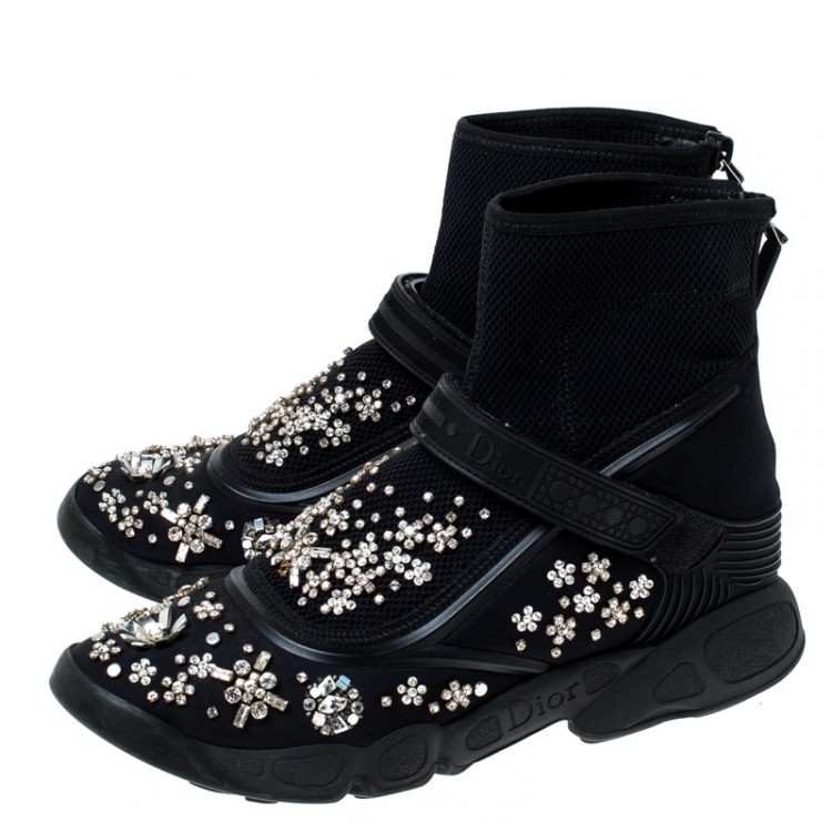 Pre Owned Dior Black Embellished Fabric Techno Fusion High Top Sneakers Size 37