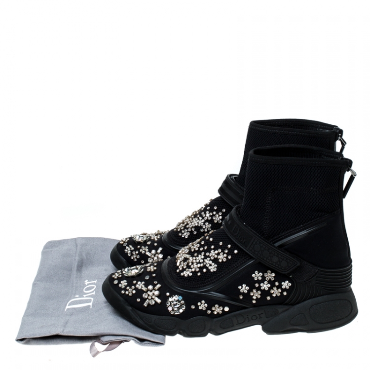 Pre Owned Dior Black Embellished Fabric Techno Fusion High Top Sneakers Size 37