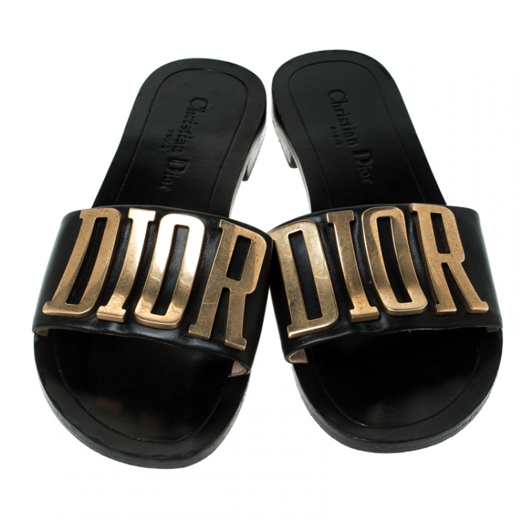 Pre Owned Dior Black Leather Logo Flat Sandals Size 37