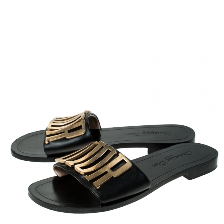 Pre Owned Dior Black Leather Logo Flat Sandals Size 37