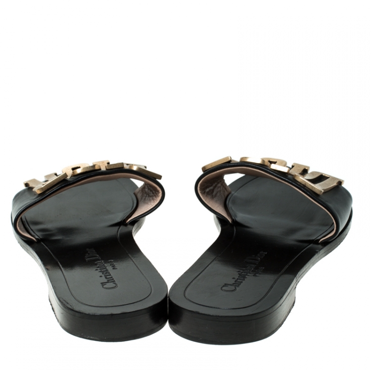 Pre Owned Dior Black Leather Logo Flat Sandals Size 37