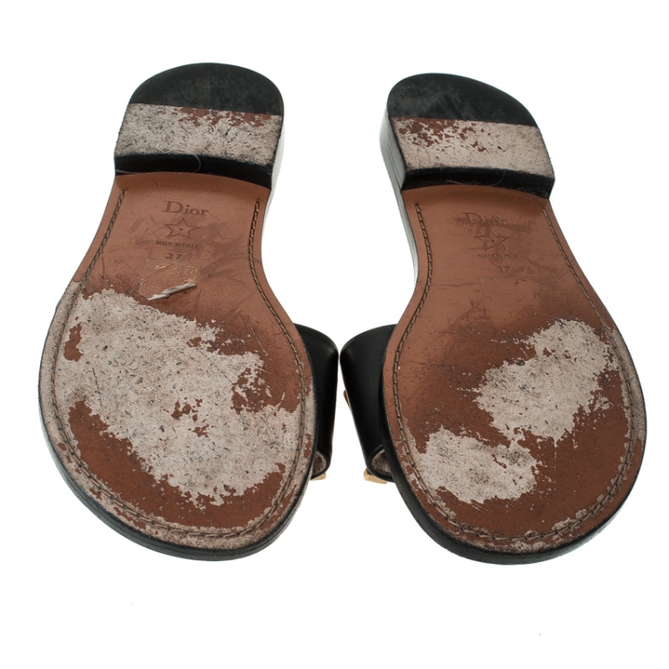 Pre Owned Dior Black Leather Logo Flat Sandals Size 37
