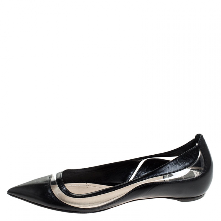 Pre Owned Dior Black Leather and PVC Dior Wave Pointed Toe Ballet Flats Size 38.5
