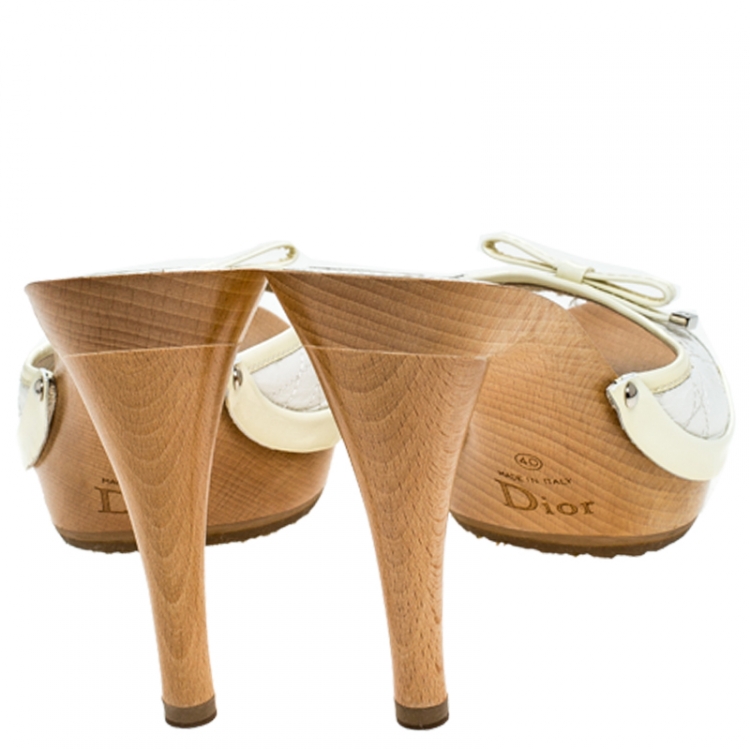 Pre Owned Dior White Quilted Leather Bow Detail Wooden Sandals Size 40