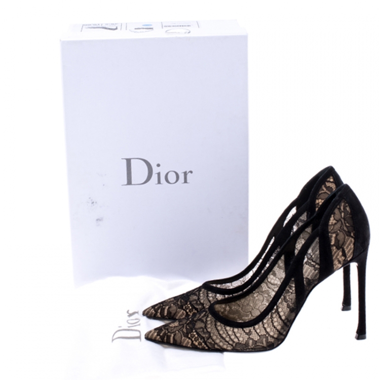 Pre Owned Dior Black Chantilly Lace And Suede Pointy Toe High Pumps Size 38.5