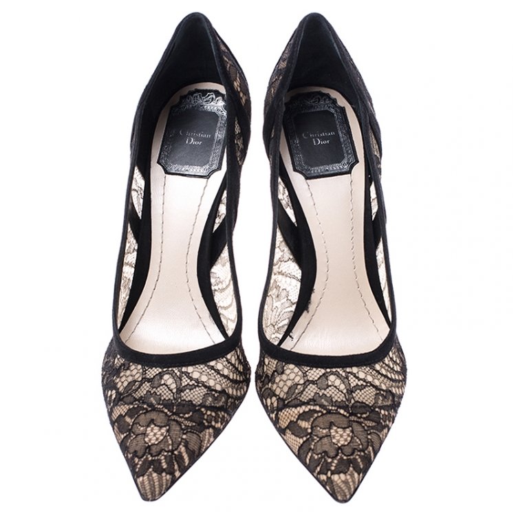 Pre Owned Dior Black Chantilly Lace And Suede Pointy Toe High Pumps Size 38.5