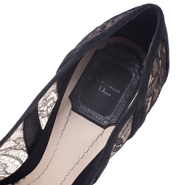 Pre Owned Dior Black Chantilly Lace And Suede Pointy Toe High Pumps Size 38.5