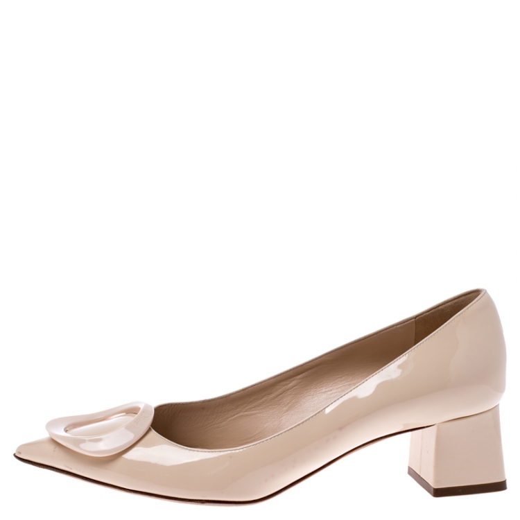 Pre Owned Dior Beige Patent Leather Logo Embellished Block Heel Pumps Size 39.5