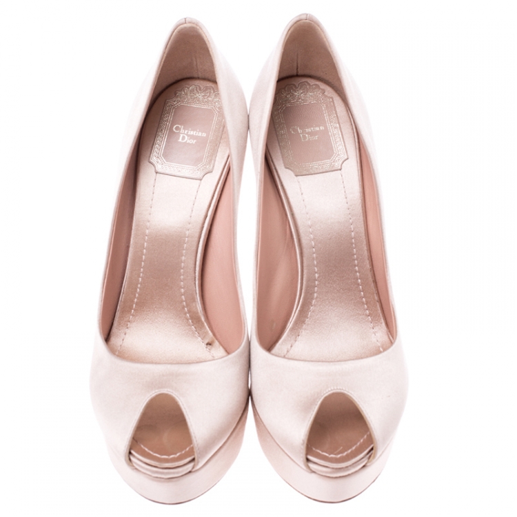 Pre Owned Dior Beige Satin Cannage Heel Peep Toe Platform Pumps Size 36