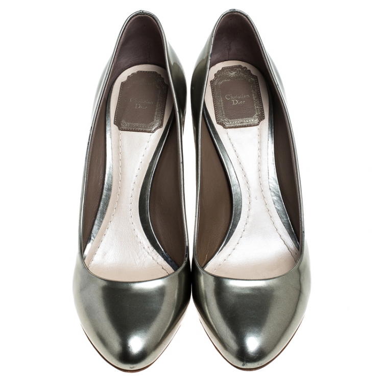 Pre Owned Dior Metallic Grey Patent Leather Cannage Heel Pumps Size 39