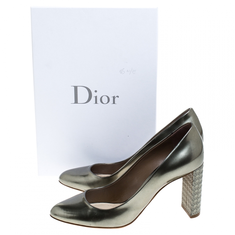Pre Owned Dior Metallic Grey Patent Leather Cannage Heel Pumps Size 39