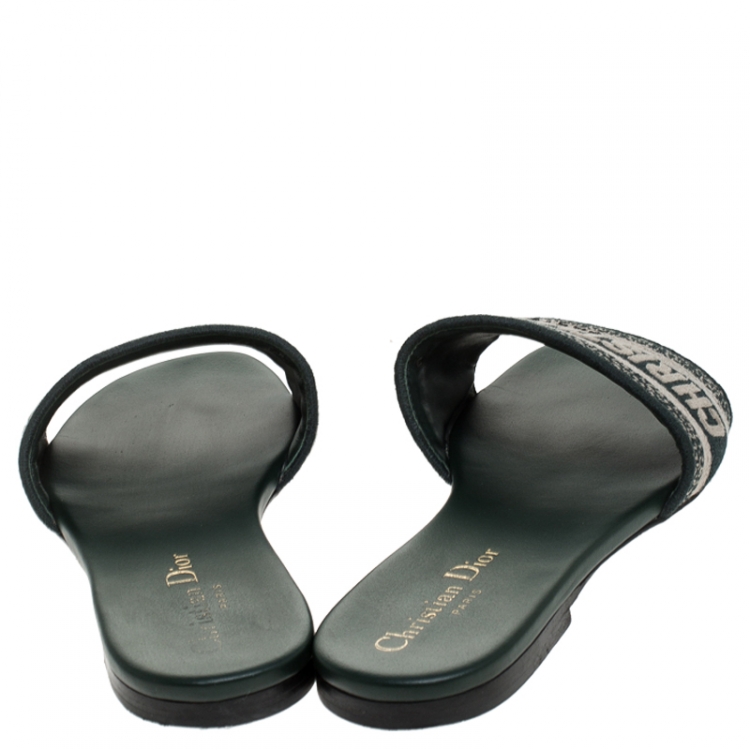Pre Owned Dior Green/Beige Cotton Blend Dway Flat Mules Size 37.5