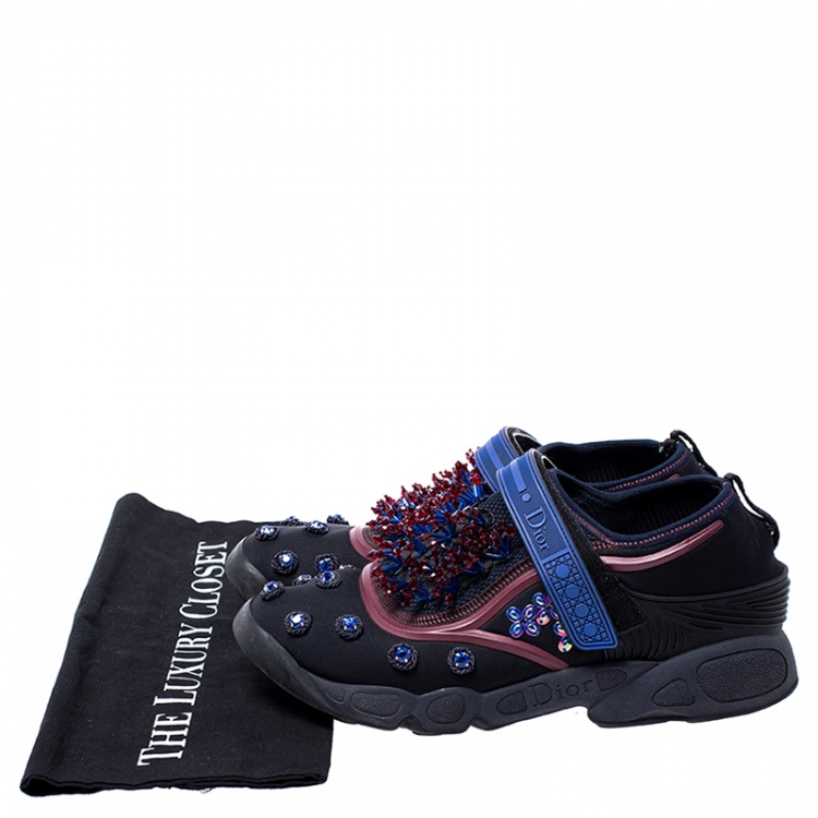 Pre Owned Dior Black Fabric And Mesh Neoprene Fusion Embellished Low-Top Sneakers Size 39.5