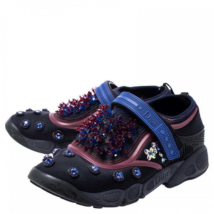 Pre Owned Dior Black Fabric And Mesh Neoprene Fusion Embellished Low-Top Sneakers Size 39.5