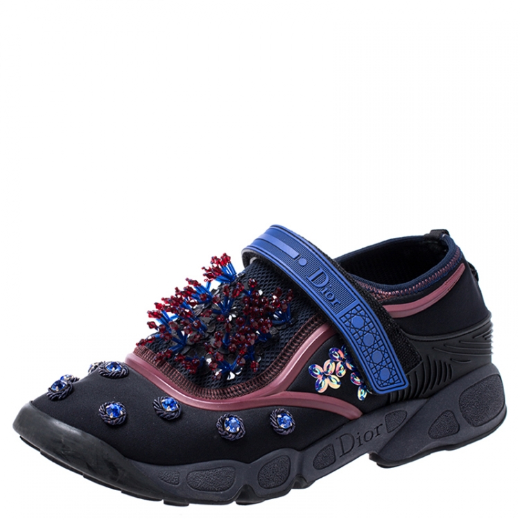Pre Owned Dior Black Fabric And Mesh Neoprene Fusion Embellished Low-Top Sneakers Size 39.5