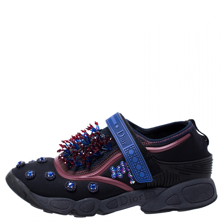 Pre Owned Dior Black Fabric And Mesh Neoprene Fusion Embellished Low-Top Sneakers Size 39.5