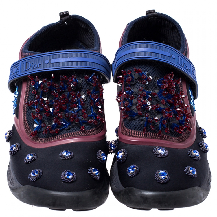 Pre Owned Dior Black Fabric And Mesh Neoprene Fusion Embellished Low-Top Sneakers Size 39.5