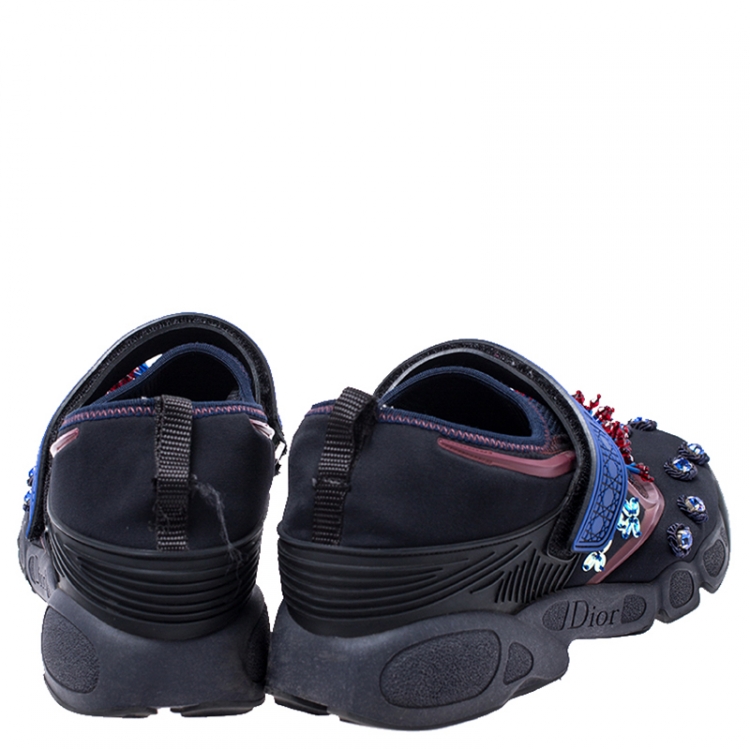 Pre Owned Dior Black Fabric And Mesh Neoprene Fusion Embellished Low-Top Sneakers Size 39.5