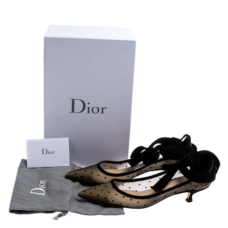 Pre Owned Dior Black Mesh And Suede Lovely D Polka Dot Ankle Wrap Pointed Toe Pumps Size 37