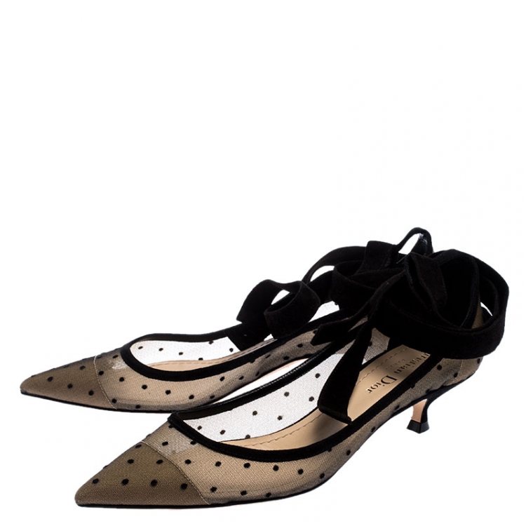 Pre Owned Dior Black Mesh And Suede Lovely D Polka Dot Ankle Wrap Pointed Toe Pumps Size 37