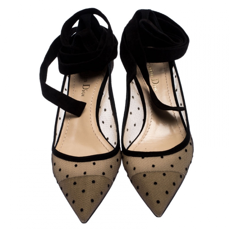 Pre Owned Dior Black Mesh And Suede Lovely D Polka Dot Ankle Wrap Pointed Toe Pumps Size 37