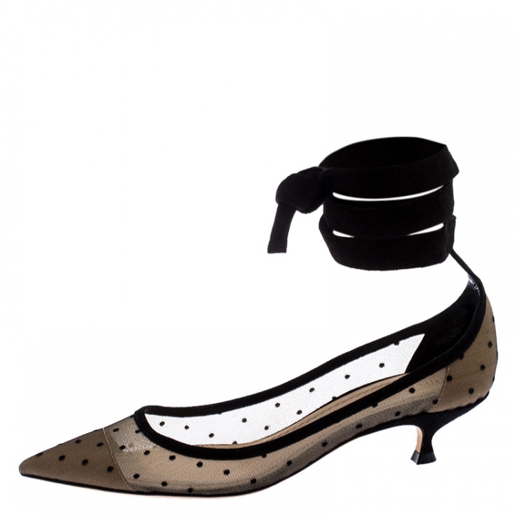Pre Owned Dior Black Mesh And Suede Lovely D Polka Dot Ankle Wrap Pointed Toe Pumps Size 37