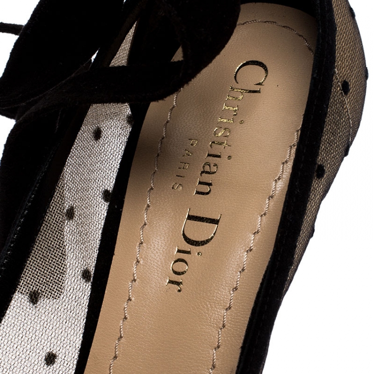 Pre Owned Dior Black Mesh And Suede Lovely D Polka Dot Ankle Wrap Pointed Toe Pumps Size 37
