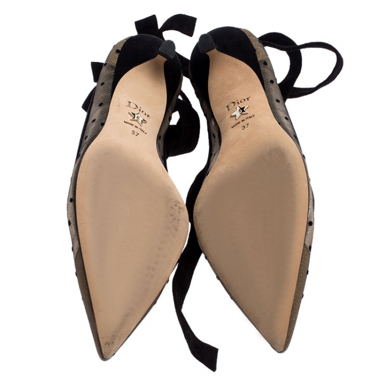 Pre Owned Dior Black Mesh And Suede Lovely D Polka Dot Ankle Wrap Pointed Toe Pumps Size 37
