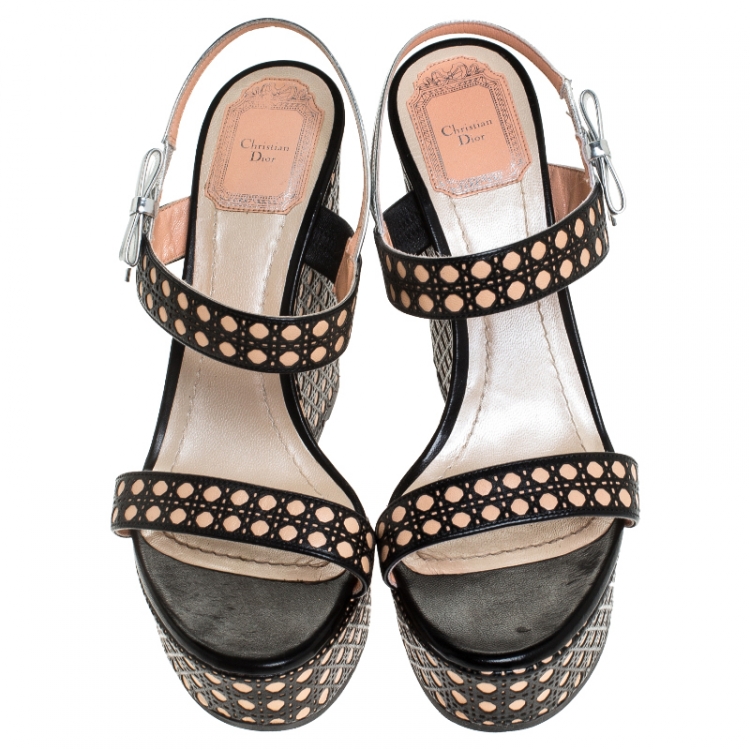 Pre Owned Dior Tricolor Cannage Leather Wedge Platform Strappy Sandals Size 38