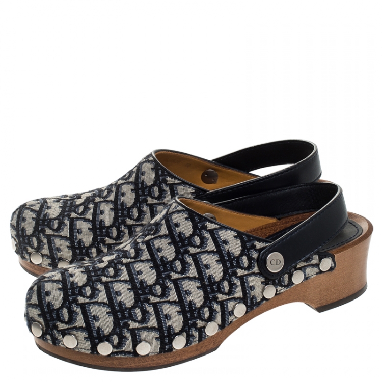 Pre Owned  Dior Beige/Blue Oblique Canvas Diorquake Slingback Clogs Size 38