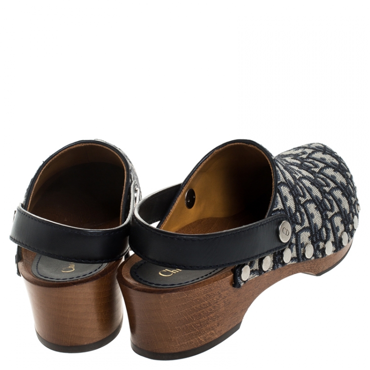 Pre Owned  Dior Beige/Blue Oblique Canvas Diorquake Slingback Clogs Size 38