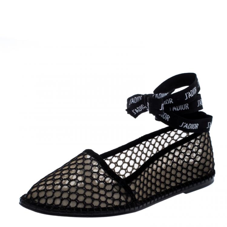 Pre Owned Dior Black Lace And Suede Trim J'adior Ballet Flats Size 39