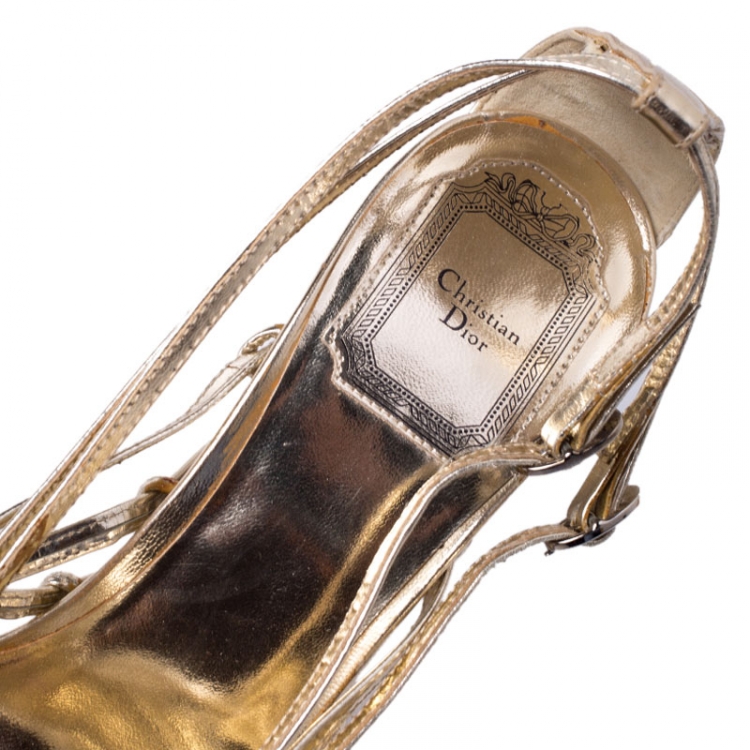 Pre Owned Dior Gold Patent Leather Strappy Platform Wedge Sandals Size 38