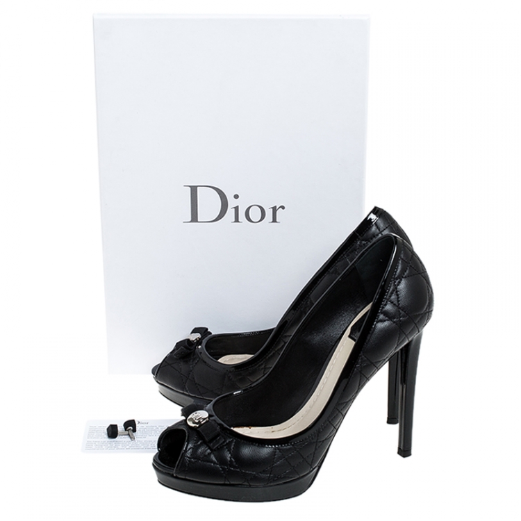 Pre Owned Dior Black Cannage Leather Bow Peep Toe Platform Pumps Size 38