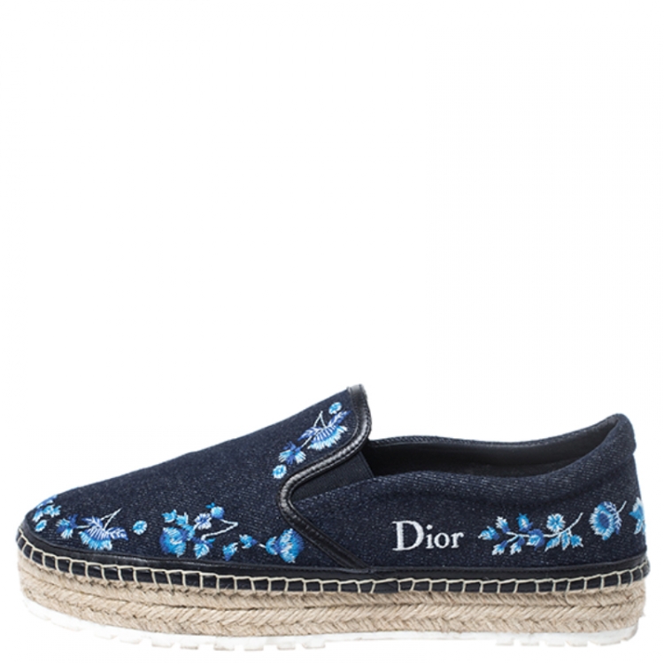 Pre Owned Dior Blue Floral Embroidery Denim Prairie Espadrille Loafers Size 38.5