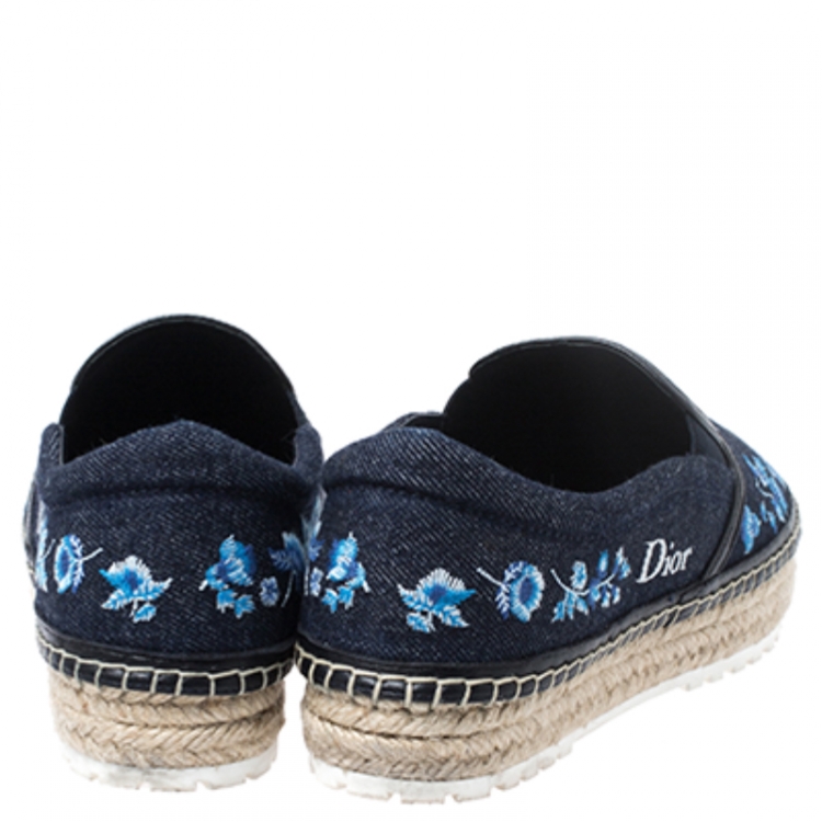 Pre Owned Dior Blue Floral Embroidery Denim Prairie Espadrille Loafers Size 38.5
