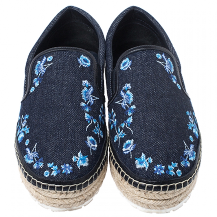 Pre Owned Dior Blue Floral Embroidery Denim Prairie Espadrille Loafers Size 38.5