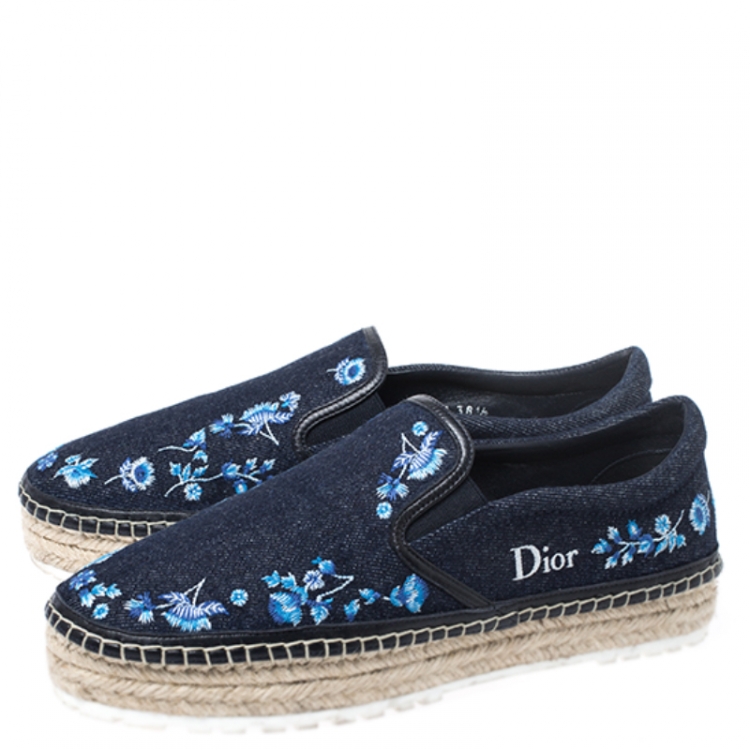 Pre Owned Dior Blue Floral Embroidery Denim Prairie Espadrille Loafers Size 38.5