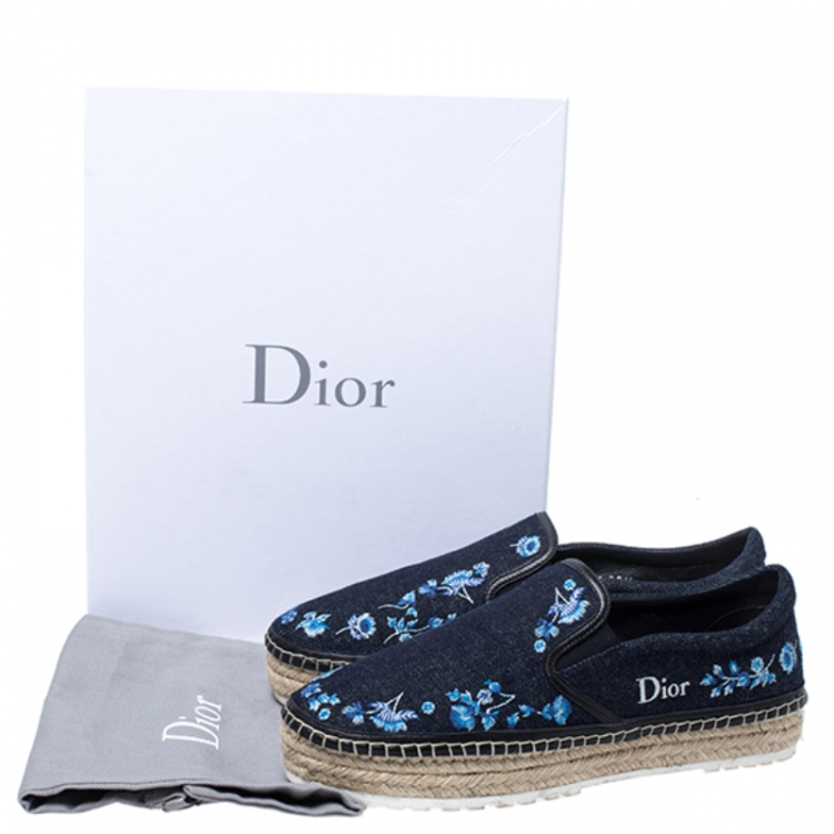 Pre Owned Dior Blue Floral Embroidery Denim Prairie Espadrille Loafers Size 38.5