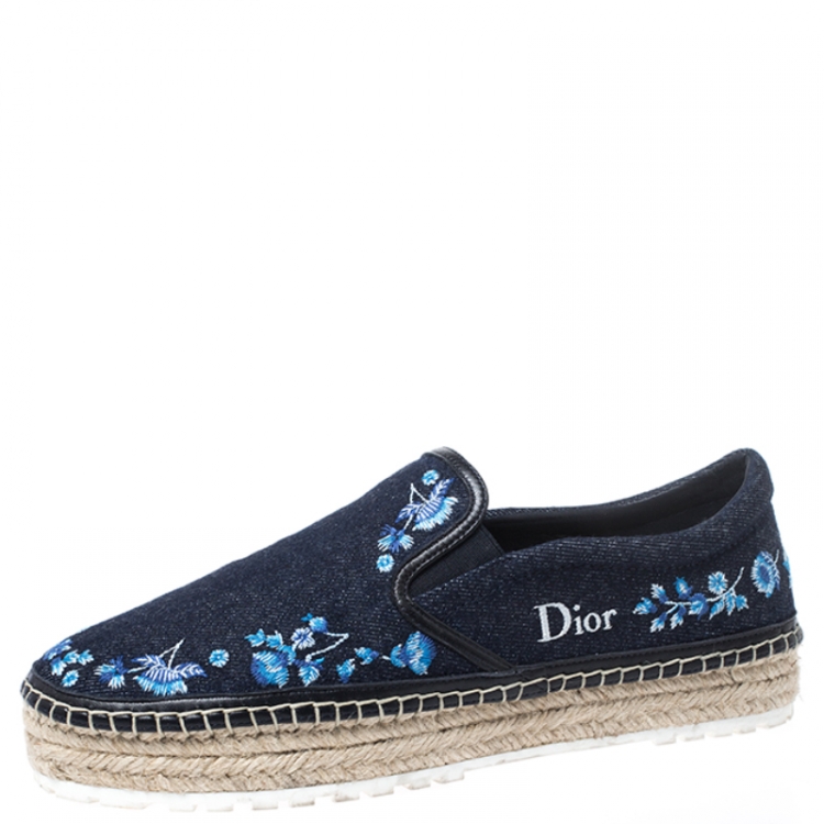 Pre Owned Dior Blue Floral Embroidery Denim Prairie Espadrille Loafers Size 38.5